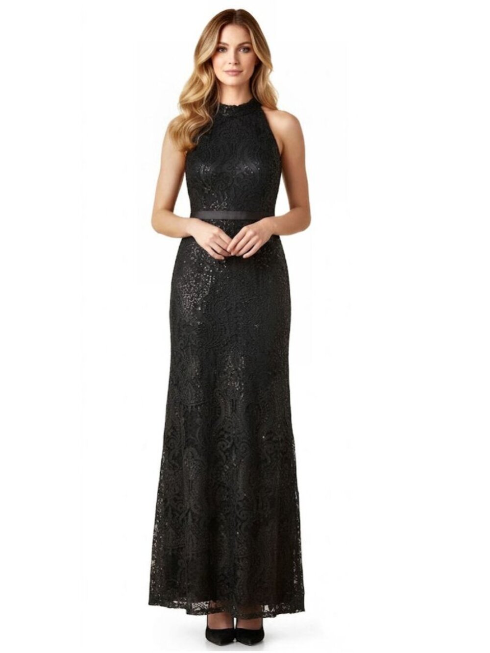 Adrianna Papell Sequin Embellished Black Halter Neck Maxi Gown Womens Size US 12